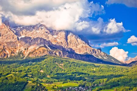 Alpine peaks and landscape of Cortina d' Ampezzo in Dolomites Alps view, Veneto region of Italyの写真素材