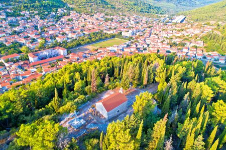 Blato on Korcula island historic town in green landscape aerial view, southern Dalmatia region of Croatiaの写真素材