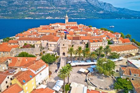 Korcula. Historic town of Korcula aerial panoramic view, island in archipelago of southern Croatiaの写真素材