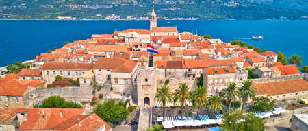 Korcula. Panoramic view of Korcula town gate and historic architecture. Island in south Dalmatia archipelago of Croatiaのeditorial素材