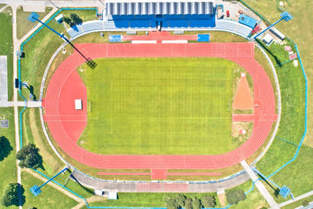 Soccer field green terrain aerial view, town of Cakovec in Croatiaのeditorial素材