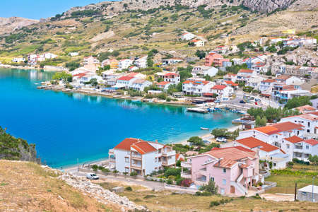 Coastal town of Tisno aerial panoramic view, bridge to island of Murter, Dalmatia, Croatiaの写真素材
