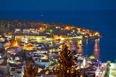 Island of Hvar town waterfront aerial evening view, Dalmatia region of Croatiaのeditorial素材