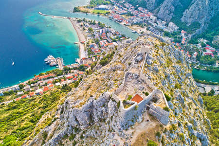 Starigrad Fortica fortress and Cetina river mouth in Omis aerial view, Dalmatia region of Croatiaのeditorial素材