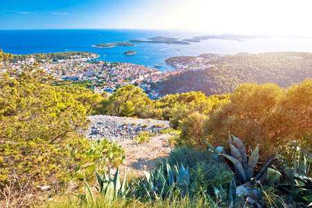 Amazing town of Hvar and Pakleni Otoci aerial sunset view, Dalmatia archipelago of Croatiaの写真素材