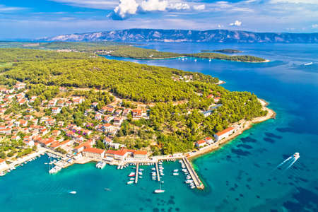 Town of Jelsa bay and waterfront aerial view, Hvar island, Dalmatia archipelago of Croatiaのeditorial素材