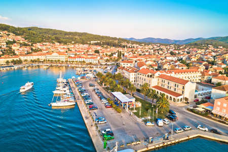 Korcula. Town of Vela Luka on Korcula island waterfront aerial view, archipelago of southern Dalmatia, Croatiaのeditorial素材