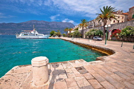 Historic island town of Korcula waterfront and stone walls view, southern Dalmatia archipelago of...
