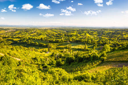 Picturesque green hills view from Plesivica mountain, landscape of northern Croatiaの写真素材