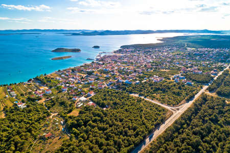 Adriatic town of Pakostane waterfront aerial view, Dalmatia region of Croatia