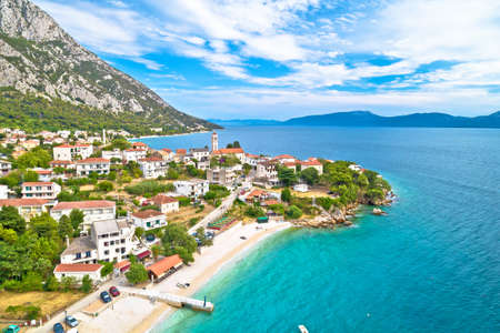 Gradac village on Makarska riviera waterfront aerial view, Dalmatia region of Croatiaの写真素材