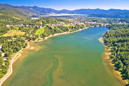 Bajer mountain lake and town of Fuzine aerial view, Gorski Kotar region of Croatiaの写真素材