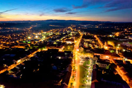 Colorful medieval town of Krizevci historic center aerial night view, Prigorje region of Croatiaの写真素材