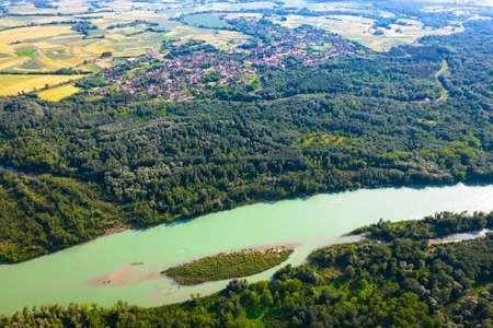 Aerial view of Drava river and Legrad village, Podravina region of Croatia, border with Hungaryの写真素材
