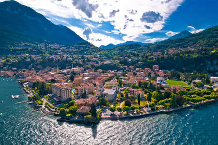 Como Lake and town of Menaggio waterfront aerial view, Lombardy region of Italyの写真素材