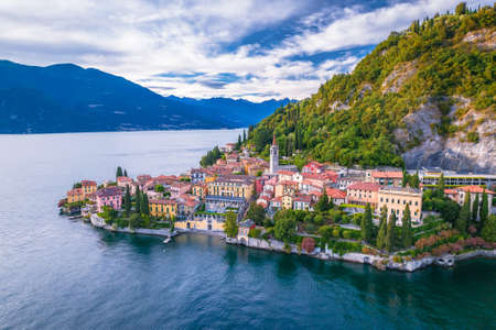 Como Lake and town of Varenna aerial view, Lombardy region of Italyの写真素材