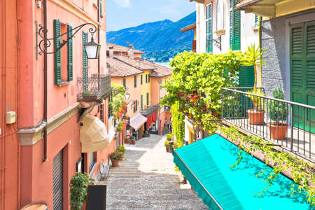 Belaggio. Colorful narrow street of Belaggio, town on Como lake, Lombardy region of Italyのeditorial素材