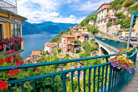 Town of Nesso on steep hill view, Como Lake, Lombardy region of Italyのeditorial素材