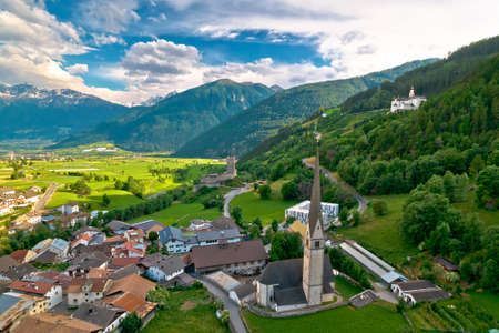 Alpine village of Burgeis and historic castles view, Trentino Alto Adige region of Italyのeditorial素材