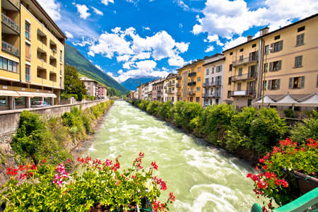 Town of Tirano and Adda river waterfront view, Province of Sondrio, Alps of Italyのeditorial素材