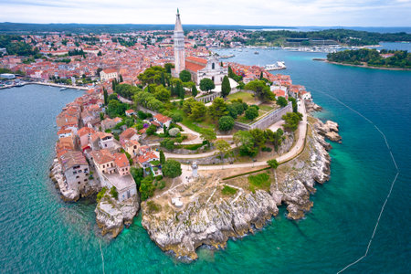 Town of Rovinj historic peninsula aerial view, famous tourist destination in Istria region of Croatiaの写真素材