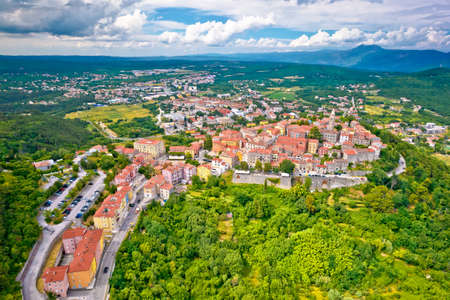 Historic town of Labin on picturesque hill aerial view, Istria region of Croatiaの写真素材