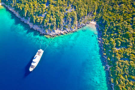 Aerial view of luxury large yacht anchored in turquoise bay of Mali Losinj island, Adriatic archipelago of Croatiaの写真素材