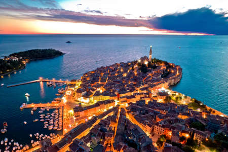 Town of Rovinj historic peninula aerial dusk view, Istria region of Croatiaの写真素材