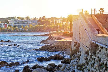 Town of Antibes sunrise coastline view, Southern Franceの写真素材