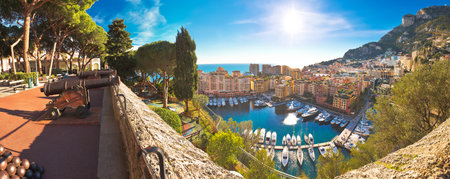 Monaco. Fontvieille colorful harbor and waterfront aerial panoramic view from upper old town,...