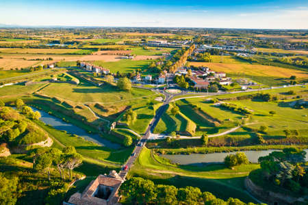 Town of Palmanova defense walls and trenches aerial view, site in Friuli Venezia Giulia region of Italyのeditorial素材