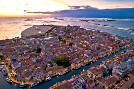 Town of Grado colorful architecture and archipelago aerial evening view, Friuli-Venezia Giulia region of Italyのeditorial素材