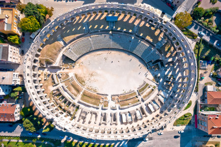 Arena Pula. Ancient ruins of Roman amphitheatre in Pula aerial view, Istria region of Croatiaのeditorial素材