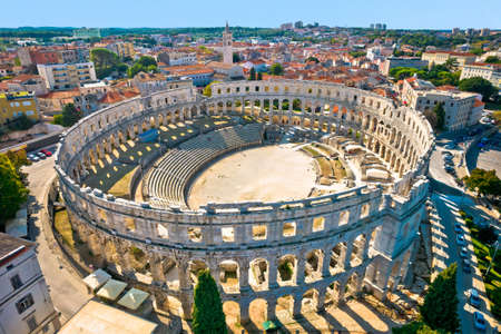 Arena Pula. Ancient ruins of Roman amphitheatre in Pula aerial view, Istria region of Croatiaのeditorial素材