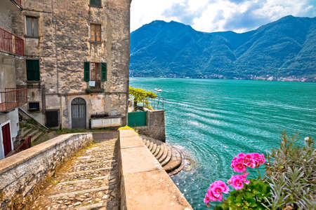 Town of Nesso historic stone bridge and waterfront on Como Lake, Lombardy region of Italyの写真素材
