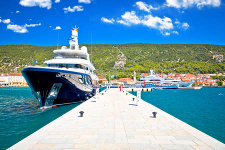 Luxury yachts in town of Cres harbor summer view, Kvarner archipelago of Croatiaの写真素材