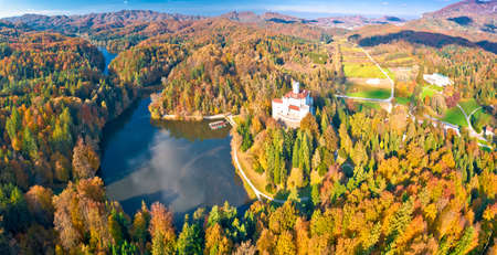 Trakoscan lake and castle aerial panoramic autumn view, Zagorje region of Croatiaのeditorial素材
