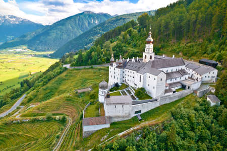 Abbey of Monte Maria in Alpine village of Burgeis view, Trentino Alto Adige region of Italyのeditorial素材