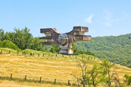 Podgaric, Croatia - June 24 2021: The Monument to the Revolution of the People of Moslavina in Podgaric, Moslavina region of Croatia.
World war two memorial built in Yugoslavia by famous sculptor Dusan Dzamonja.のeditorial素材