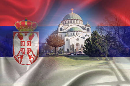 Belgrade. The church or temple of Saint Sava in Belgrade on Serbian flag layer view, one of the...
