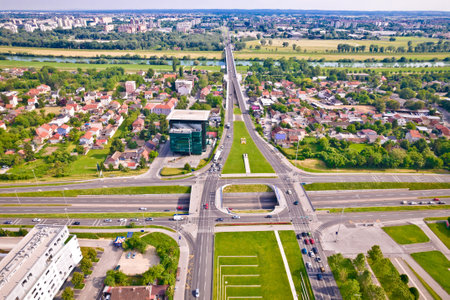 Zagreb. Aerial view of Zagreb and Sava river above fountains square, capital of Croatiaの写真素材