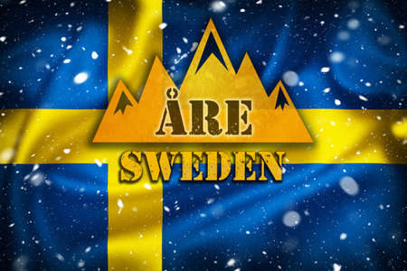 Are ski mountain banner illustration on Swedish flag and snow layer, ski destination in Swedenの写真素材