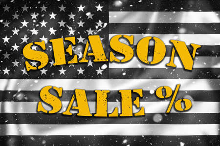 Season sale banner illustration on black and white USA flag, snow overlayの写真素材