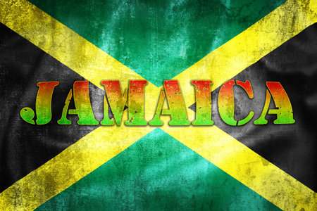 Jamaica colorful label illustration on grunge Jamaica flag, symbol of Caribbeanの写真素材