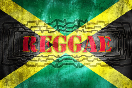 Reggae label illustration on grunge Jamaica flag, symbol of music genreの写真素材