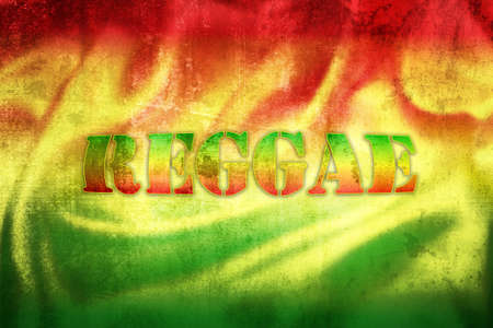 Reggae label illustration on grunge Rastafarian flag, symbol of music genreの写真素材