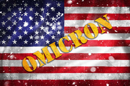 United States of America grunge flag illustration with Omicron text and snow overlay. Illustration of Covid-19 pandemic in USA.の写真素材