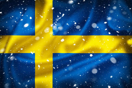 Sweden flag silk surface illustration with snow Swedish symbolの写真素材