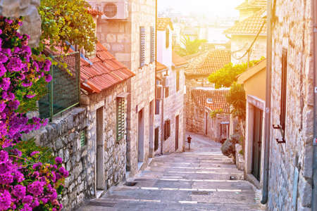 Old stone street of Split historic city sun haze view, Dalmatia, Croatiaの写真素材