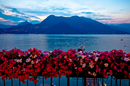 Lake Como idyllic evening view in Varenna, Lombardy region of Italyの写真素材